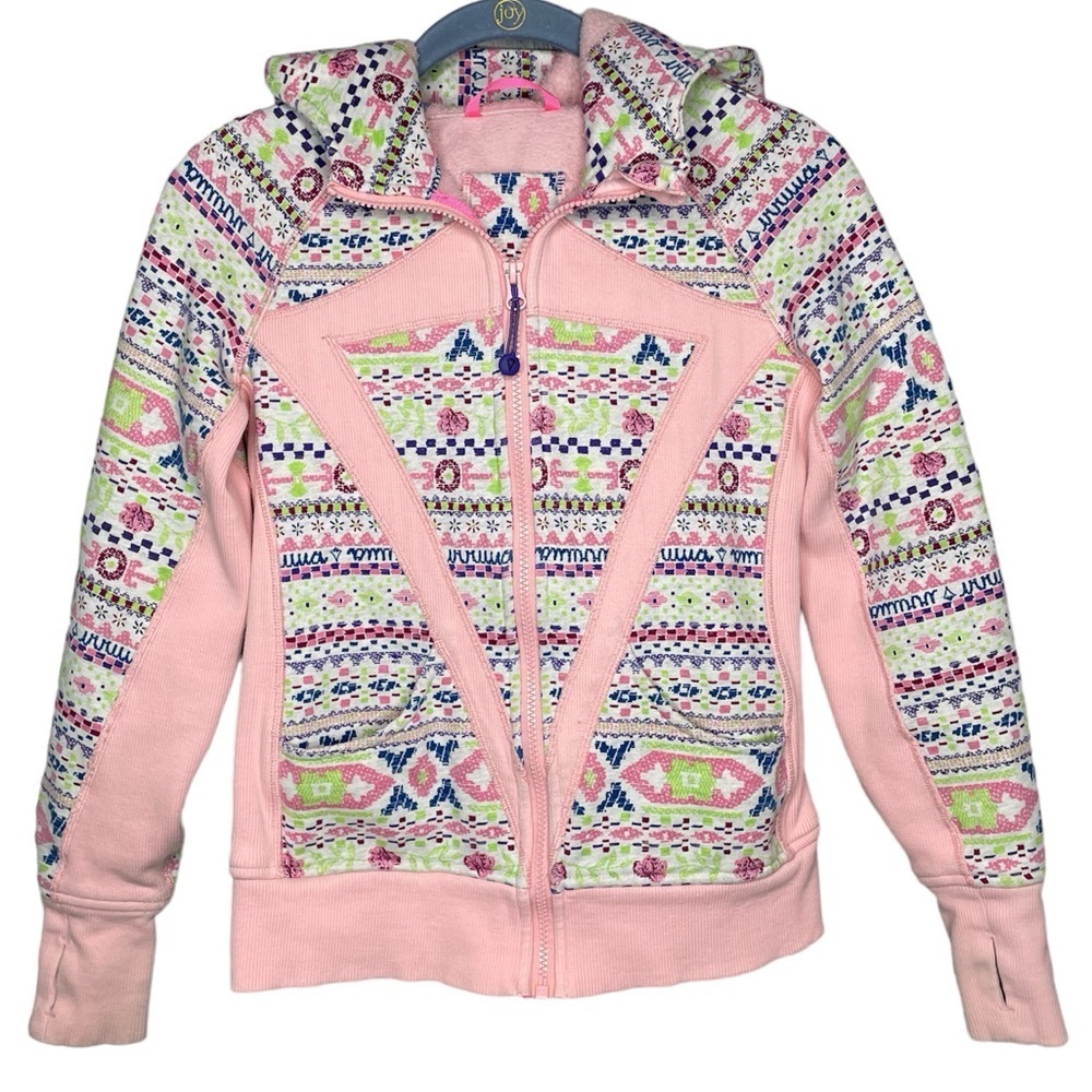 Ivivva Lululemon fleece jacket pink fair isle Nordic pattern girls size 12 coat